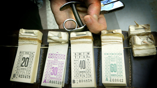 For over 70 years tram conductors issued paper ‘flimsy’ tickets. The tickets were printed on thin paper and stapled into blocks of one hundred tickets. Validated by ticket punches, each of which made a unique hole pattern.