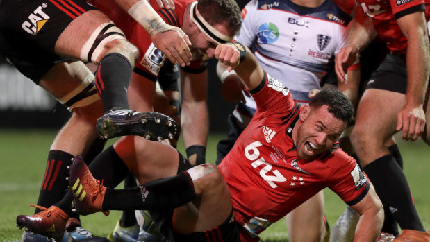 Cherry on top: Ryan Crotty reacts after scoring his team's final try in Christchurch.