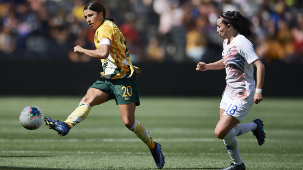 Sam Kerr fires a shot at goal in the Matildas' 2-1 win over Chile at Bankwest Stadium.