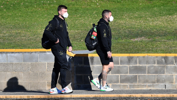 Jai Arrow and South Sydney teammate Adam Reynolds at Leichhardt Oval last week.