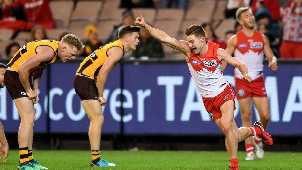 Rocking rookie: Ben Ronke celebrates his sixth of seven goals for the Swans against the Hawks in May.