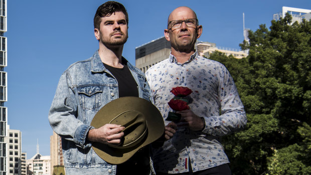 Ian Gerrard, right, has put his house on the line to back a musical he's written about Anzac hero Simpson, played by actor Lincoln Elliott, left, and his donkey.  