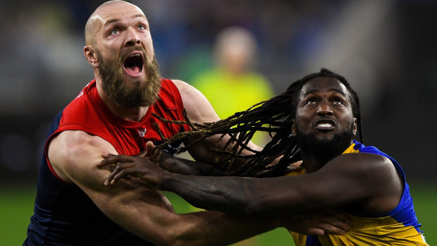 Battle of the giants: Demon Max Gawn tussles with Eagle Nic Naitanui in the ruck.