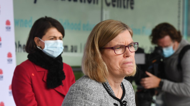 NSW Chief Health Officer Kerry Chant at a press briefing, with NSW Premier Gladys Berejiklian in the background.