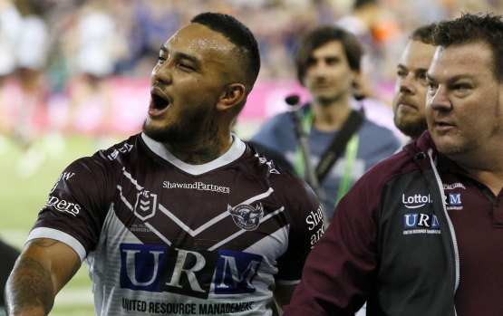 "They gave it to me and I gave it back": Addin Fonua-Blake reacts to the crowd after being marched from the field in Newcastle.