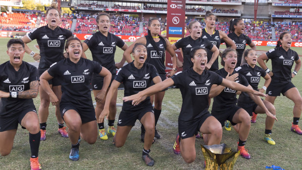 Euphoric: The Black Ferns perform the haka to celebrate the Sydney title.