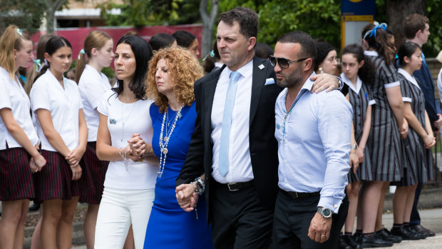 The family of Veronique Sakr, follow her hearse after the funeral at Santa Sabina College Chapel in Strathfield, Sydney. (L-R) are her aunt, Leila Abdallah, mother Bridget Sakr, her partner Craig MacKenzie, and uncle Danny Abdallah. Veronique along with three of her cousins was killed by a drunk driver. 