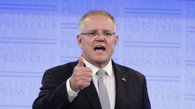 Prime Minister Scott Morrison addresses the National Press Club of Australia in Canberra on Monday.