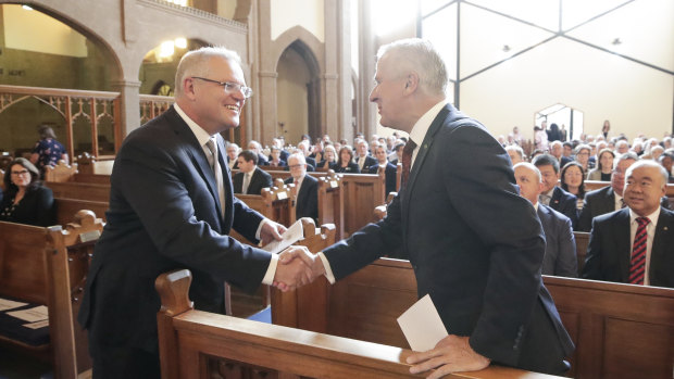 Prime Minister Scott Morrison and Deputy Prime Minister Michael McCormack at a church service to mark the start of the parliamentary year on Tuesday.