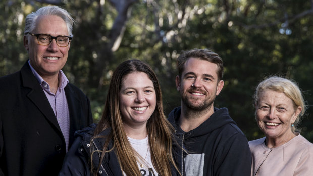 Speaking out: Steve Folkes' daughter Hayley Shaw and son Dan Folkes with Professor Michael Buckland, lefft, and Bulldogs chairwoman Lynne Anderson, right.