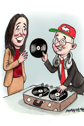 Spinning a tune: Anthony Albanese and Jacinda Ardern.