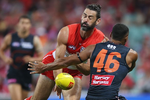 Brodie Grundy takes on a Callum Brown tackle.