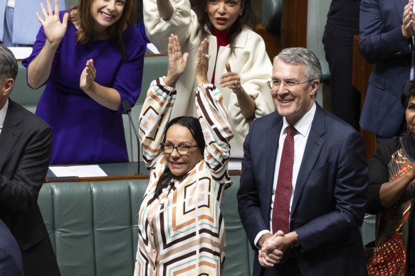 Indigenous Australians Minister Linda Burney and Attorney-General Mark Dreyfus after introducing the Voice to parliament legislation.
