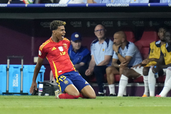 Lamine Yamal celebrates his spectacular equaliser for Spain in Munich.