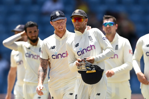 Joe Root, comforted by Ben Stokes, cuts a folorn figure after England’s 10-wicket defeat to the West Indies.