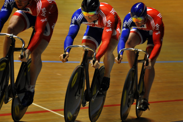 Sir Chris Hoy training on the track with the British team in 2010.