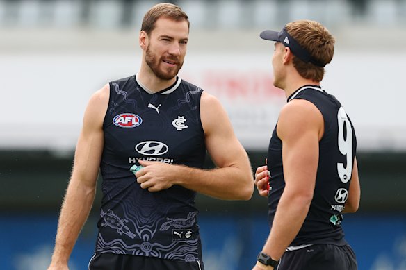 Harry McKay at training with Carlton skipper Patrick Cripps.