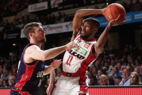 Bryce Cotton of the Perth Wildcats and  Mitch McCarron of the 36ers during the round 6 match.