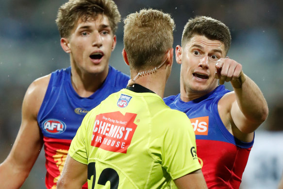 Careful: The Lions’ Dayne Zorko exchanges words with a field umpire last year.