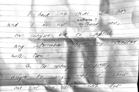 An extract of a handwritten letter lawyer Pat Lennon allegedly gave to former client Hazel Brown.