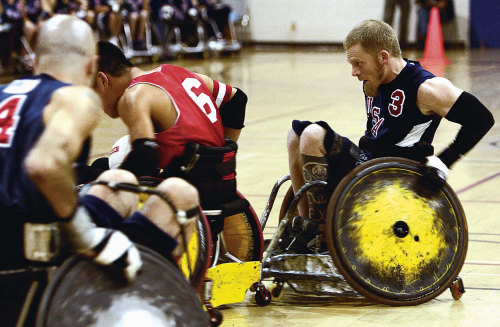 USA team member Mark Zupan (right) playing against Canada in a scene from the documentary Murderball.