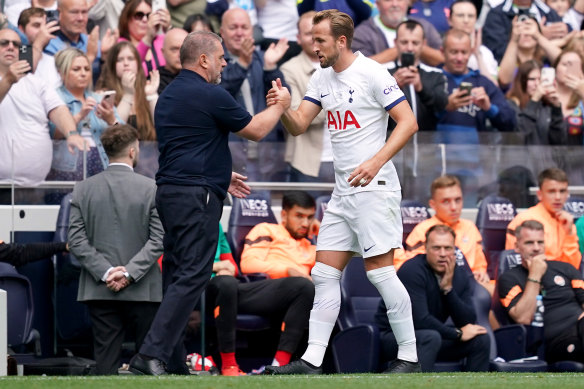 Kane with Ange Postecoglou after the Hotspur legend was subbed out during a pre-season friendly in London.