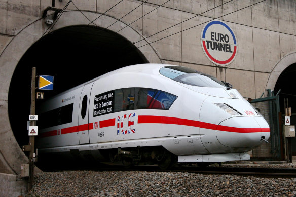 Testing of a high-speed train at the entrance to the Channel Tunnel in France in 2010. 