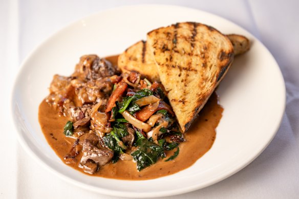 Chicken livers with marsala, bacon and spinach.