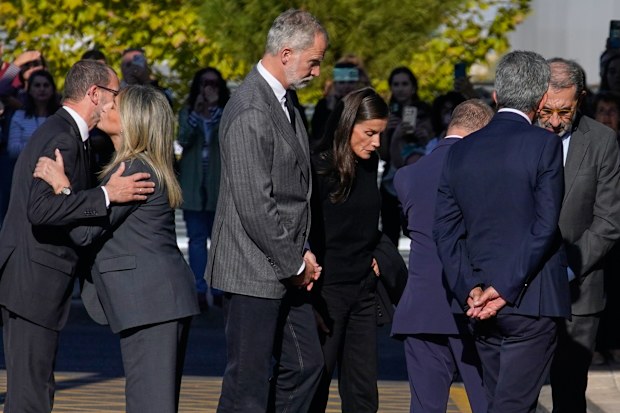 Spain’s King Felipe VI and Queen Letizia arrive to visit people injured in a train collision in Toledo, Spain, Thursday, Oct. 29, 2026.