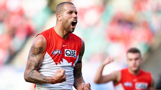 Lance Franklin celebrates kicking a goal against Adelaide.