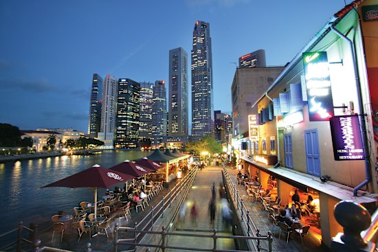 The historical Boat Quay on the banks of Singapore River.