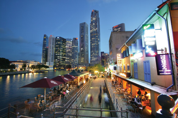 The historical Boat Quay on the banks of Singapore River.