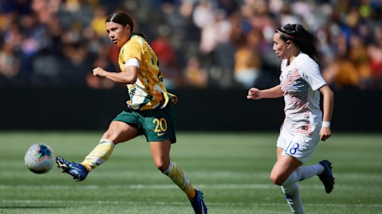 Sam Kerr fires a shot at goal in the Matildas' 2-1 win over Chile at Bankwest Stadium.