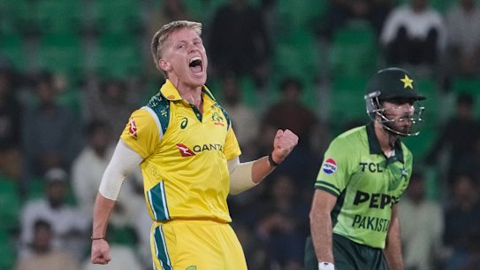 Nathan Ellis celebrates after dismissing Pakistan’s Arafat Minhas in Australia’s ODI victory.
