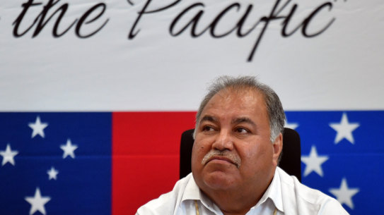 Nauru's President Baron Waqa at a press conference during the Pacific Islands Forum in Funafuti, Tuvalu.