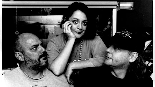 Wendy Harmer centre, with Jamie Dunn (left) and Paul Holmes in the 2DayFM studio in January 1993.