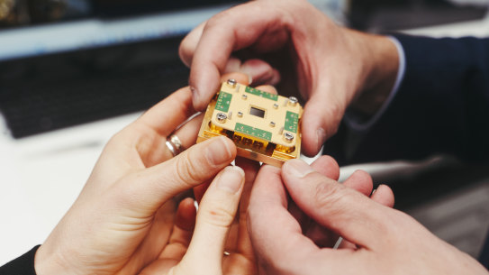 A printed circuit board with a super conducting device at the Sydney Nanoscience Hub at Sydney University.