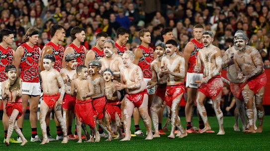 The pre-game ceremony ahead of Dreamtime at the ’G is always moving.