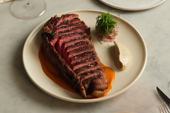 600g wagyu club steak with fermented tomato, anchovy and sorrel.