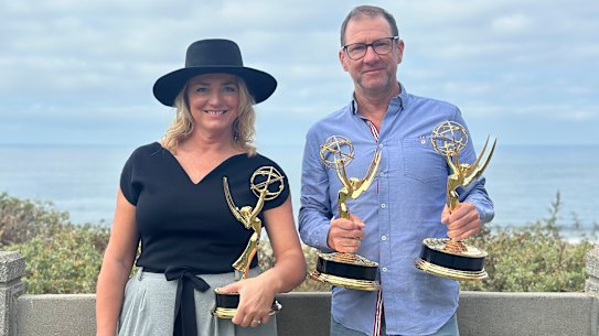 Karina Holden and Cian O’Clery with the Emmys they won for Love On The Spectrum US.