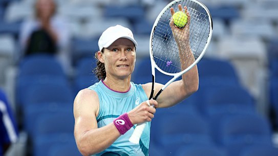 Sam Stosur celebrates her first-round victory at the Australian Open on Tuesday.