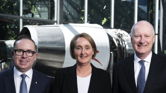 Qantas chair Richard Goyder’s (right) announced on Tuesday that Vanessa Hudson (centre) would take over as CEO from Alan Joyce (left).