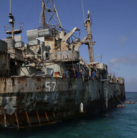 The rusting Philippine Navy ship Sierra Madre was run aground at Second Thomas Shoal in 1999 and is still manned by a crew of troops.