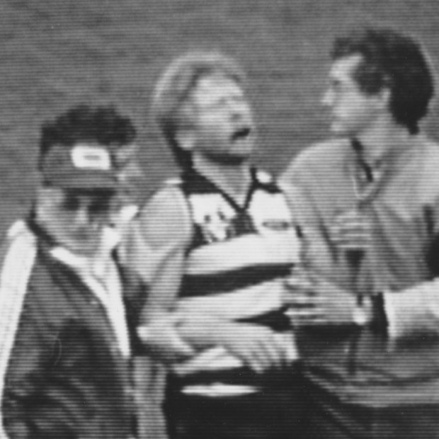 Geelong’s Neville Bruns is helped from the field with a broken jaw in 1985.