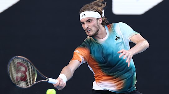 Stefanos Tsitsipas belts a forehand during his win over Argentina’s Sebastian Baez.