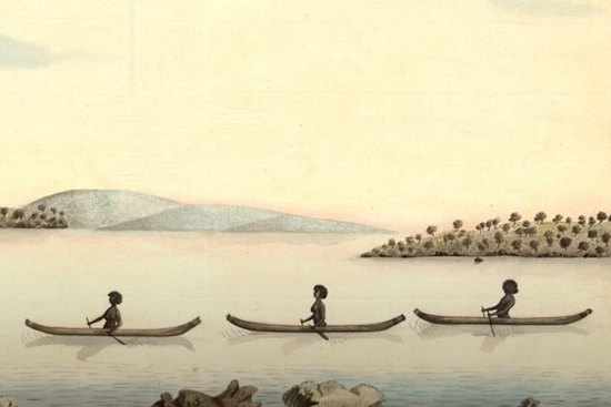 A detail from the painting of “Bannelang [Bennelong] meeting the Governor by appointment after he was wounded by Will [Nille?] ma ring in September 1790”. It depicts Barangaroo in the second canoe.