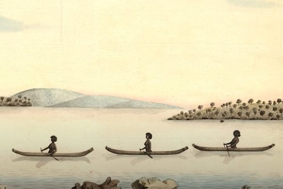A detail from the painting of “Bannelang [Bennelong] meeting the Governor by appointment after he was wounded by Will [Nille?] ma ring in September 1790”. It depicts Barangaroo in the second canoe.