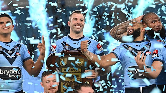 James Tedesco with the Origin trophy on Wednesday night.