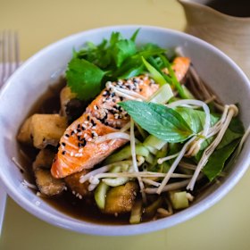 Broth bowl with salmon.