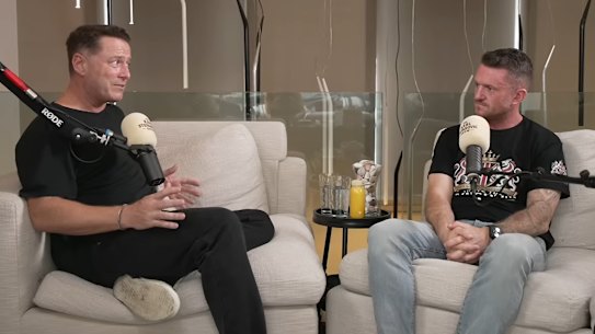Karl Stefanovic and Tommy Robinson chat during the now-deleted podcast episode.